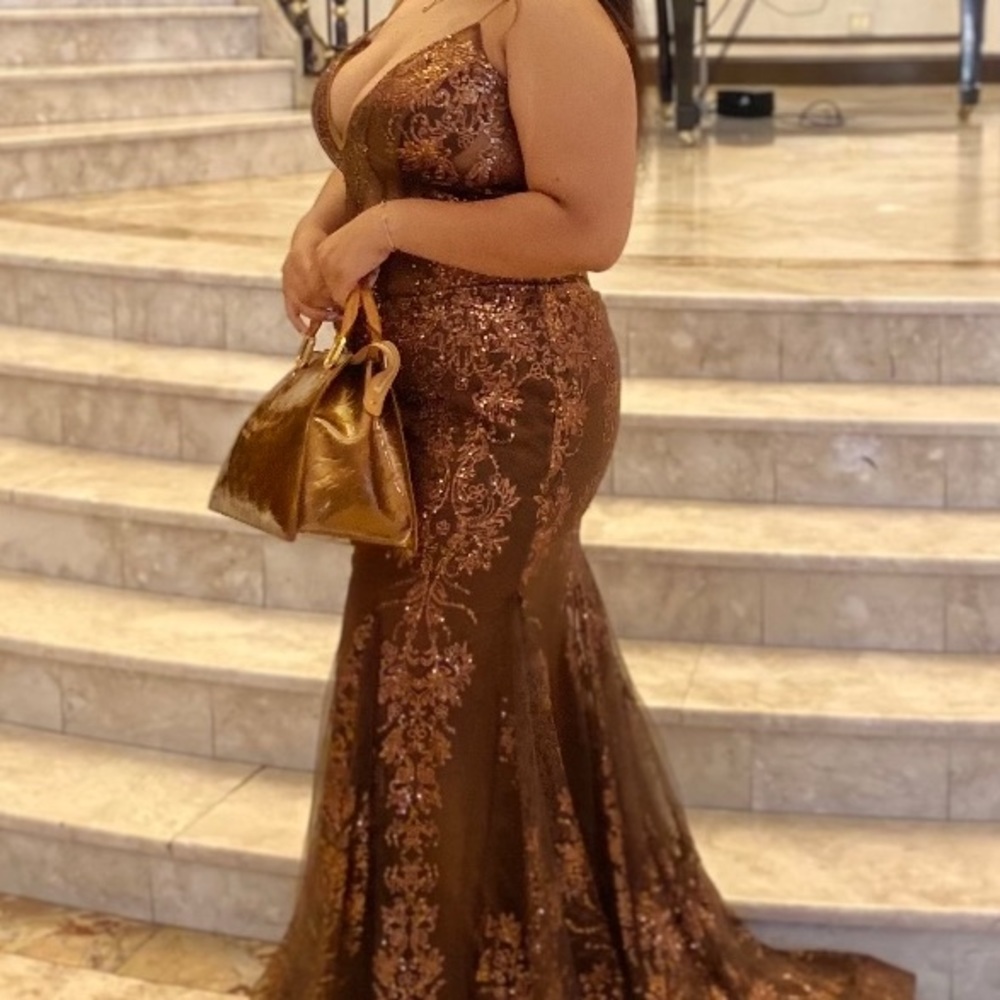 Jovanni coffee colored sequin prom dress
